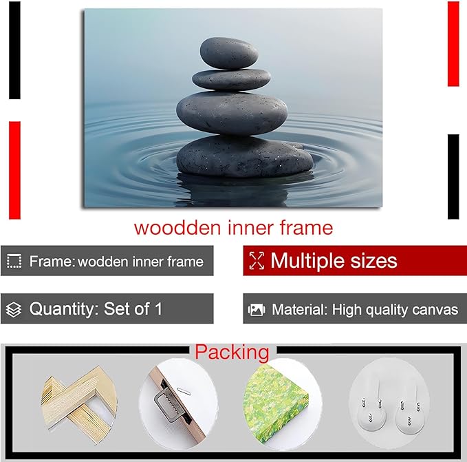 Zen wall art Harmonious grey stones stacked on a calm surface of water Serene Zen decor suitable for tranquil homes and spaces of meditation 8x12in Wood Framed