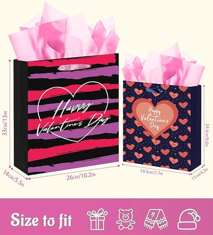 qiqee Valentine 5PCS Gift Bag with Tissue Paper Assorted Size Present Wrap Bags For Lover (3 PCS Medium Size+2 PCS Large Size)