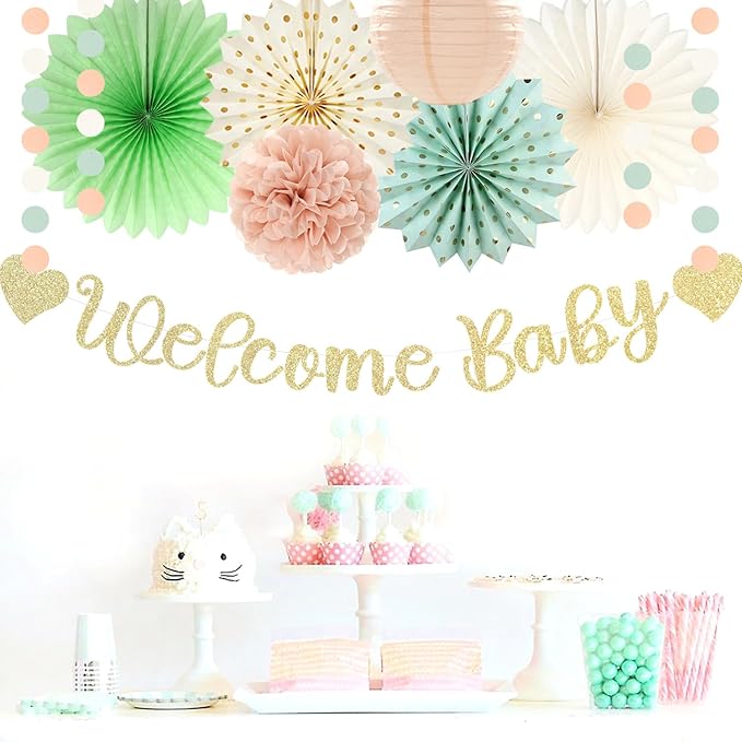 Sage-Green Blush-Beige Baby Shower Party-Decorations - 21pcs Girls Welcome Baby Banner,Light Dusty Pink Paper Lanterns Pom Poms,Safari Woodland Boho Neutral Streamers Garland Decor Favors Huglony