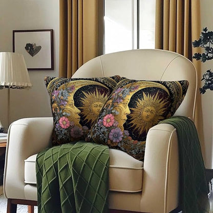 Sun and Moon Decorative Pillow Covers 18x18 Set of 2 | Cushion Cases with Invisible Zipper | Home Decor Throw Pillowcases for Couch, Sofa and Livingroom