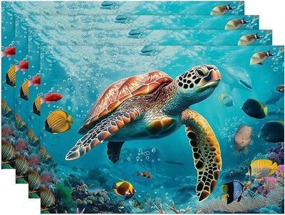 Placemats Set of 4 Sea Turtle and Fishes Dining Place Mats Linen Table Mat for Farmhouse Home Kitchen Decor 12 X 18 Inch