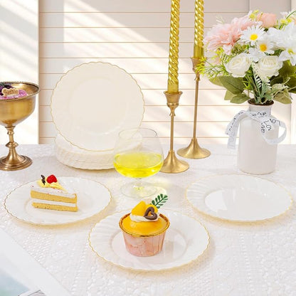 YOUBET 125PCS Scalloped Plastic Plates - Ivory Scalloped Disposable Plates - Gold Plastic Dinnerware Set Include 50 Plates, 75 Gold Silverware for Party & Wedding & Christmas