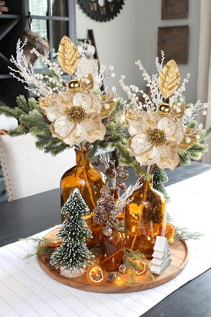Briful 2PCS Christmas Glitter Magnolia Flowers Picks and Spray with Christmas Balls Ornament Berries Gold Leaves Branches for Xmas Tree Wreath Vase Centerpiece Floral Arrangement (White Gold)