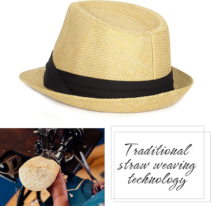 FADACHY Summer Straw Fedora Hat Short Brim Panama Sun Hat Trilby Beach Hat for Men & Women