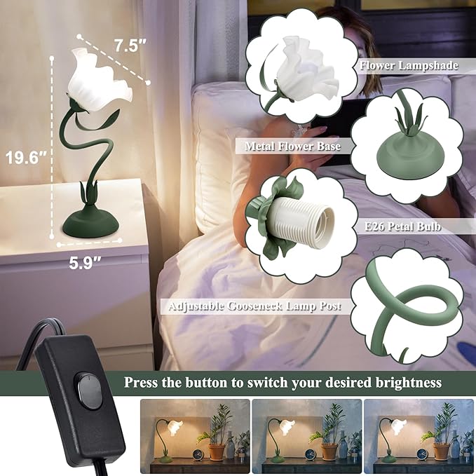 Flower Table Lamp, 3 Level Brightness Vintage Flower Reading Light with E26 Bulb, Cute Desk Lamp Bedside Lamps Lily Lamps for Nightstands Living Room Bedroom Ambient Lighting Home Decor, Metal Base