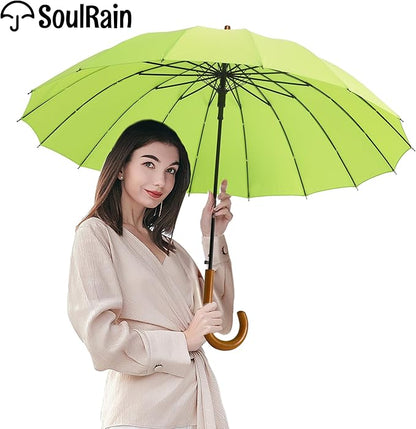 SoulRain 16 Ribs 48" Stick Umbrella Auto Open Solid Color Fashionable and Simple，Arc Classic Wood Handle，Windproof Unbreakable Stick Rain Umbrella