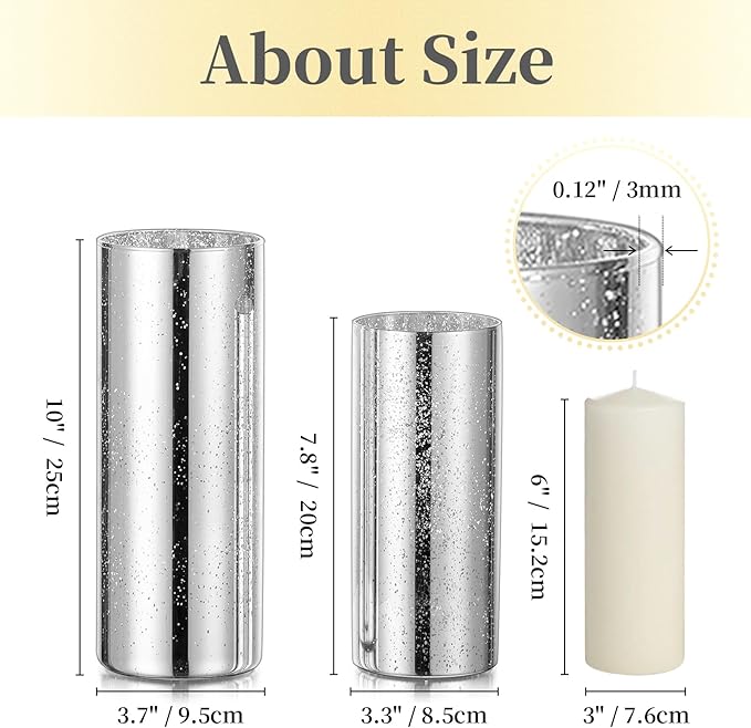 Glass Cylinder Vases Set of 24, Hewory Glittery Silver Vase for Centerpieces, Glass Hurricane Candle Holders for Pillar Floating Candle, Tall Round Vase for Wedding Anniversary Events Home Table Decor
