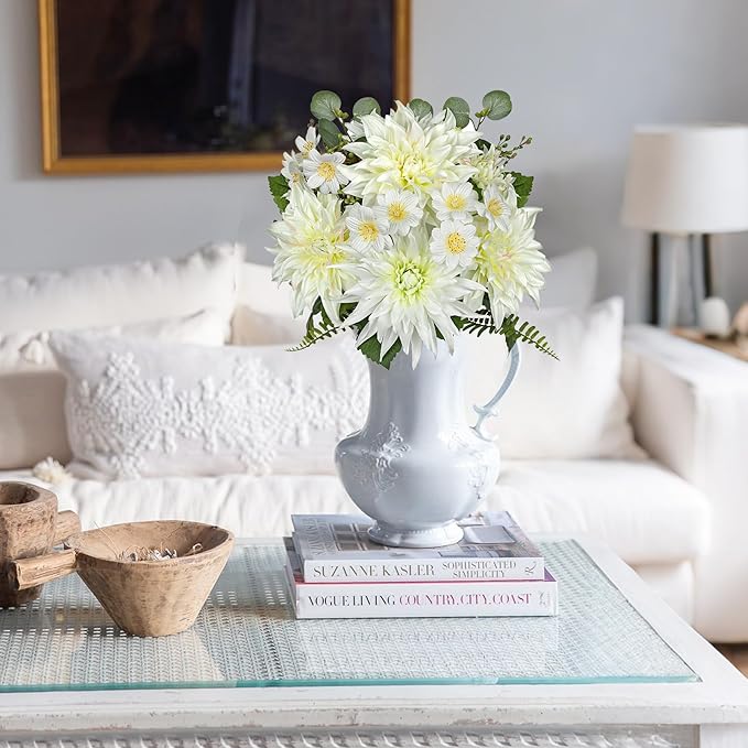 Dahlia Artificial Flowers 12PCS Fake White Flowers Realistic Dahlia Daisies Silk Flower Long Stems Faux Flowers for Vase Floral Centerpiece Arrangements Wedding DIY Bridal Bouquet Party Home Decor