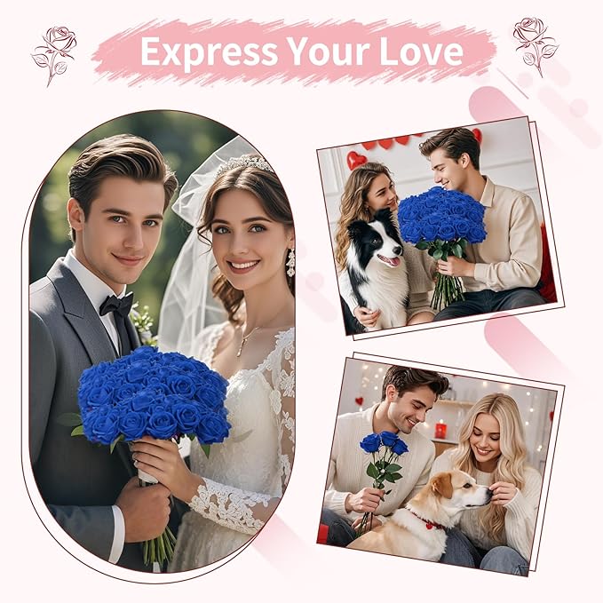 102 PCS Royal Blue Roses, Faux Blue Rose Bouquet, Silk Rose with Stems for Wedding Flowers Decoration, Valentines Day Mothers Day, Wedding Decoration