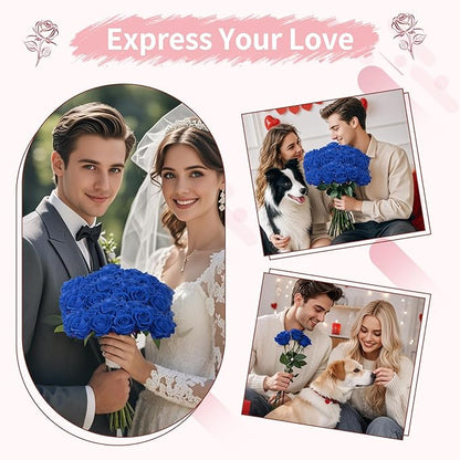 102 PCS Royal Blue Roses, Faux Blue Rose Bouquet, Silk Rose with Stems for Wedding Flowers Decoration, Valentines Day Mothers Day, Wedding Decoration