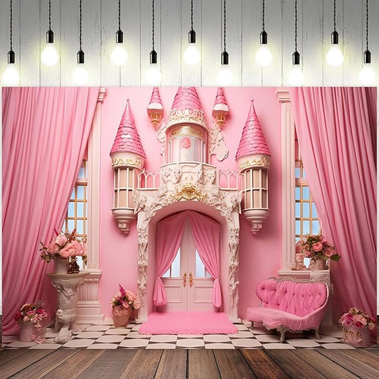 15x8ft Pink Castle Backdrop Room Door Curtain Photography Background Flowers Vases Sofa Princess Girl Birthday Banner Decorations Newborn Baby Shower Wedding Party Portrait Photo Booth Prop