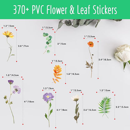 370+ PCS PVC Flower Stickers, Self-Adhesive PVC Greenery Stickers Nature Plant Decals for Scrapbook, Laptop, Journal, DIY Project, Spring Themed Party Decors