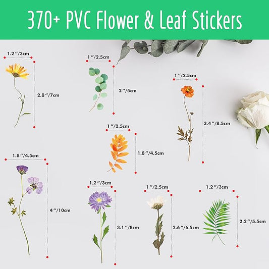 370+ PCS PVC Flower Stickers, Self-Adhesive PVC Greenery Stickers Nature Plant Decals for Scrapbook, Laptop, Journal, DIY Project, Spring Themed Party Decors