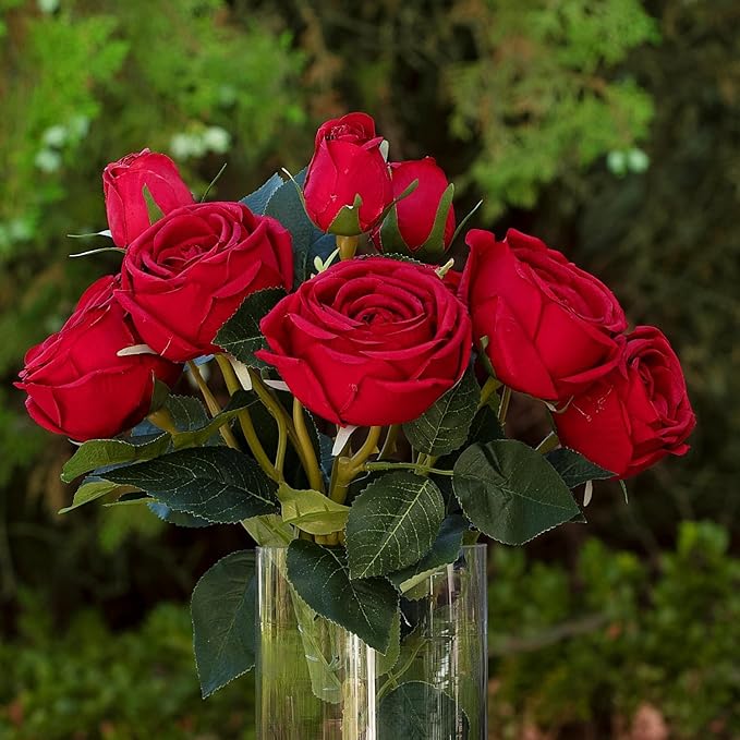 ENOVA FLORAL 9 Heads Silk Rose Artificial Flowers in Vase,Faux Rose Flowers Arrangement in Vase with Faux Water for Table Decor Centerpieces (Red)