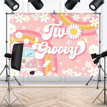 Two Groovy 2nd Birthday Backdrop for Girls Daisy Flower Boho Rainbow Photography Background Retro Hippie Peace Love Second Birthday Party Decorations Banner Supplies Photo Booth Props 7x5ft