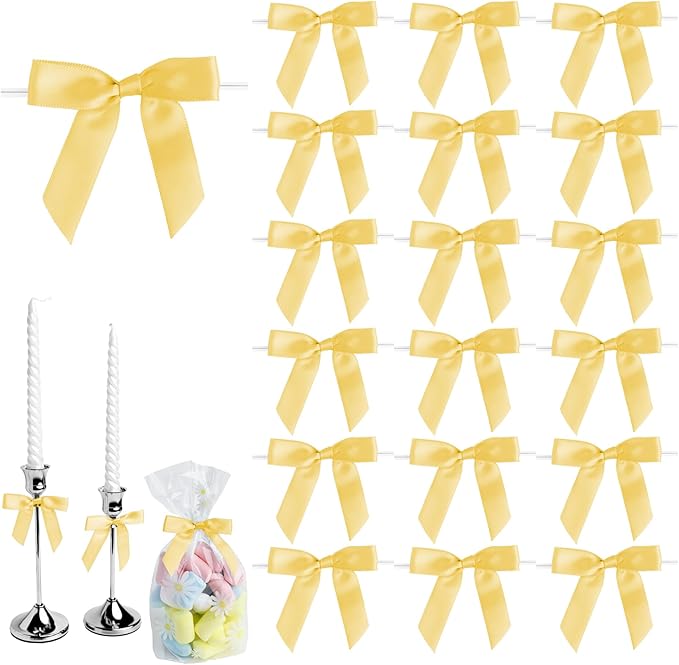 50 PCS Yellow Twist Tie Bows 2.5" Satin Ribbon Bows Decor for Gift Wrapping Craft Treat Bags Cake Pop Basket, Wedding Baby Shower Birthday Party Favors