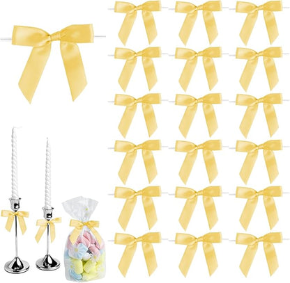 50 PCS Yellow Twist Tie Bows 2.5" Satin Ribbon Bows Decor for Gift Wrapping Craft Treat Bags Cake Pop Basket, Wedding Baby Shower Birthday Party Favors
