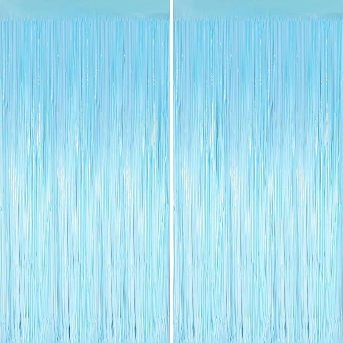Keyali 2 Pack 3.3 * 8.3 ft Foil Curtain Metallic Tinsel Fringe Curtains Photo Booth Props Backdrop for Birthday Wedding Engagement Baby Shower Christmas Holiday Celebration Party，Macaron Light Blue