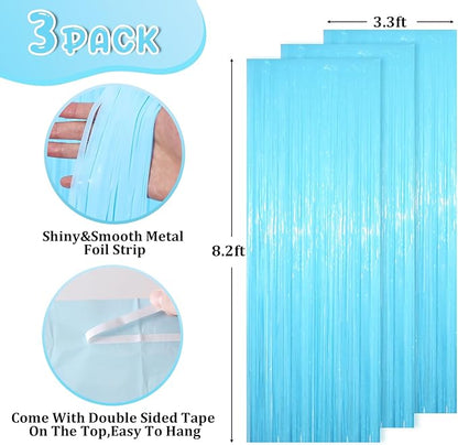 3 Pack 3.3 x 8.2 ft Pastel Blue Foil Fringe Backdrop Curtains, Tinsel Streamers Birthday Party Decorations, Fringe Backdrop for Graduation, Baby Shower, Gender Reveal, Disco Party