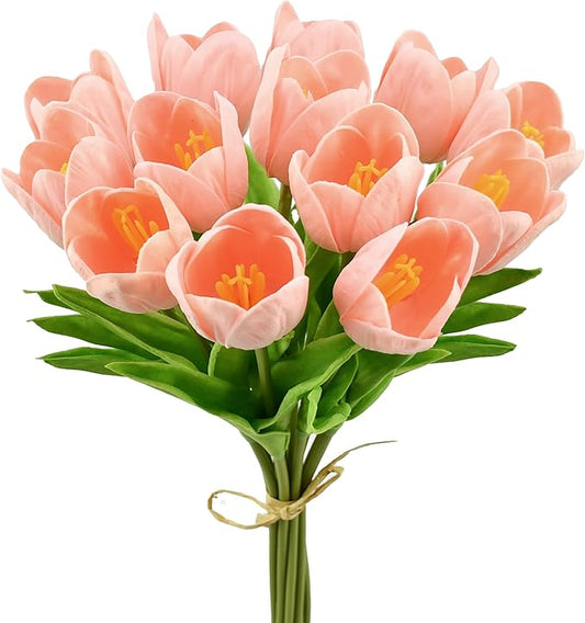 Mandy's Artificial Tulips 12 Stems Light Pink Partially Open PU Faux Flowers for Thanksgiving and Christmas Decorations Wedding Home Decor 13.5 Inch