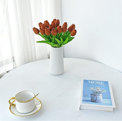 Mandy's Artificial Tulips 20 Stems Burnt Orange PU Faux Flowers for Thanksgiving and Christmas Decorations Wedding Home Decor 13.5 Inch