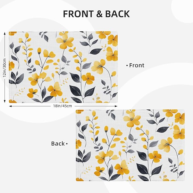 Farmhouse Yellow Flowers Placemats Set of 6, Rustic Floral Place Mats, Country Dining Table Mats, Washable Spring Placemats for Kitchen Dining Room Home Decor 18L'' × 12W''