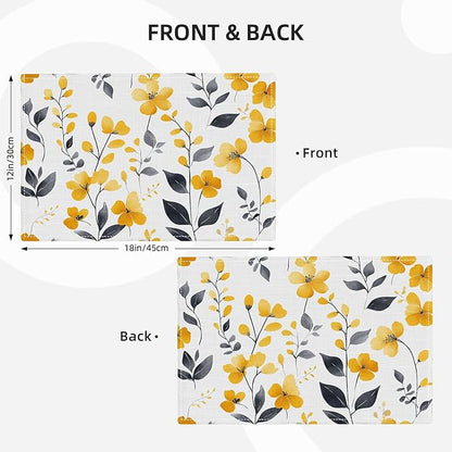 Farmhouse Yellow Flowers Placemats Set of 6, Rustic Floral Place Mats, Country Dining Table Mats, Washable Spring Placemats for Kitchen Dining Room Home Decor 18L'' × 12W''