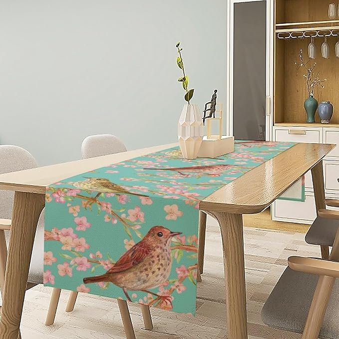 Table Runner with Flowers and Birds, Spring Plant Flowers Table Decoration Linen Table Runner Family Party Party Decorations 13x60 Inches