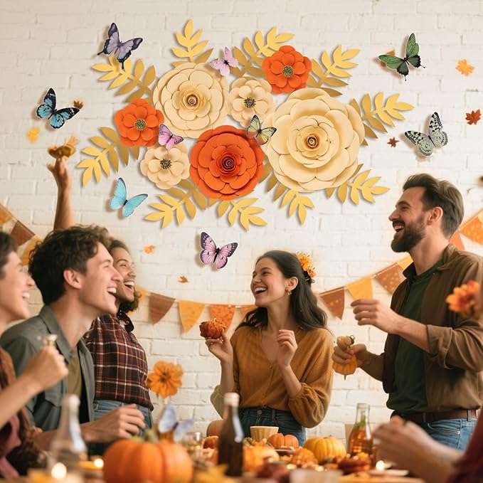 Large Paper Flowers Decorations for Wall, Artificial 3D Flower Wall Decor with Butterfly Sticker Orange Champagne Floral Wall Decal for Classroom Spring Garden Tea Bulletin Board Decorations