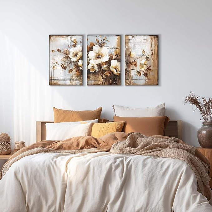 YCJKJDZ Dark Floral Wrapped Canvas Wall Art Set of 3, Neutral Fall Plant Bohemian Vintage Moody Flower Wall Decor Artwork for Farmhouse Bedroom Living Room Office, 16x24 inches