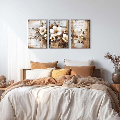 YCJKJDZ Dark Floral Wrapped Canvas Wall Art Set of 3, Neutral Fall Plant Bohemian Vintage Moody Flower Wall Decor Artwork for Farmhouse Bedroom Living Room Office, 16x24 inches