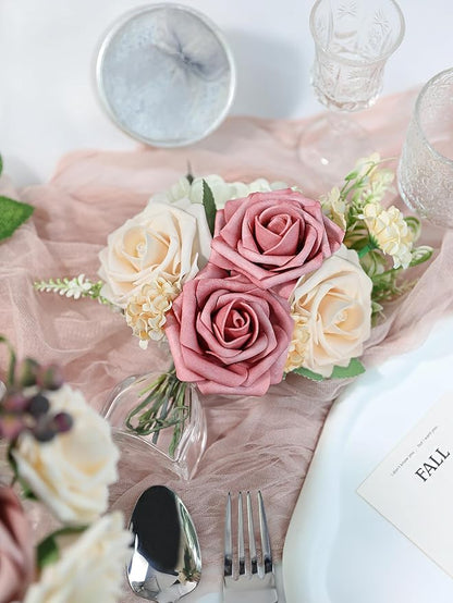 Meldel Artificial Flower Rose 50pcs Real Looking Champagne Fake Foam Roses with Stems for DIY Wedding Bouquets Gifts Bridal Shower Faux Floral Centerpieces Arrangements Home Party Tables Decorations
