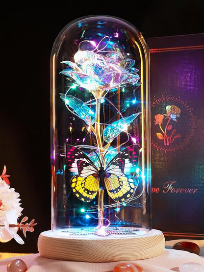 Beferr Christmas Rose Gifts for Women Mom Birthday Gifts, Galaxy Glass Rose Forever Preserved Flowers for Delivery Prime Light Up Rose in Glass Dome with Butterfly Xmas Gifts for Grandma Her Wife