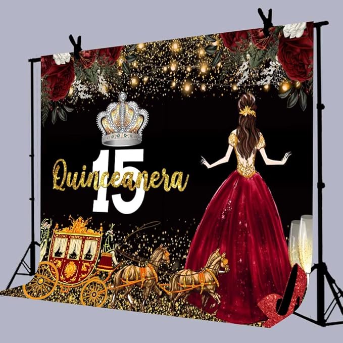Red Dress Rose Flower Backdrops, 7x5ft, Quinceanera Birthday Backdrop, Girl Princess Happy 15th Bday Carriage Photography Props Cake Table Banner BJLSLU301