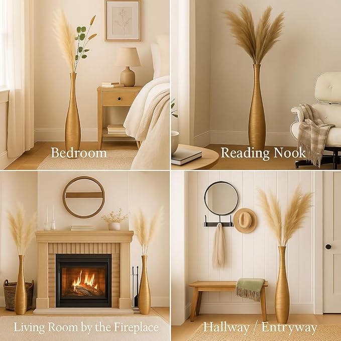 Leewadee Large Gold Home Decor Floor Vase - Wooden 34 inch Tall Farmhouse Decor Flower Holder for Fake Plant and Pampas Grass