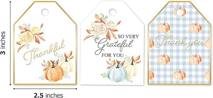 Pro Supply Global 24 Count of 2.5 Inch x 3 Inch Pre Strung Thankful Fall Pumpkins Gift Tag Assorted Printed Designs on Large Cardstock Gift Hang Tags - Ideal to Use on Bags