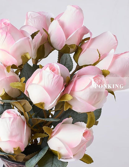 Rose Artificial Flower Buds 12pcs Realistic Faux Silk Roses Fake Flowers Bouquets Arrangements Decor for Wedding Spring Mother's Day, Home Table Decorations, Light Pink Flower