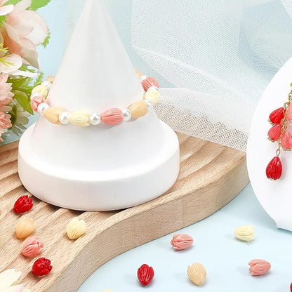 1 Box 100Pcs 4 Colors Carved Flower Beads 3D Floral Beads Colorful Artificial Red Jasmine Synthetic Coral Dyed Small Smooth Spacers Findings for Jewelry Making Bracelets Necklaces DIY Crafts