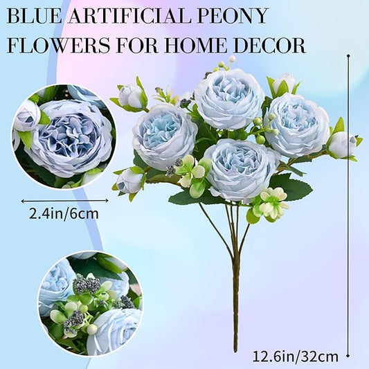 ASTRYAS Blue Artificial Flowers, 3PCS Fake Peony Flower Silk Peonies Faux Flowers Arrangements Table Centerpieces for Wedding Office Party Home Decoration Baby Shower(Light Blue)