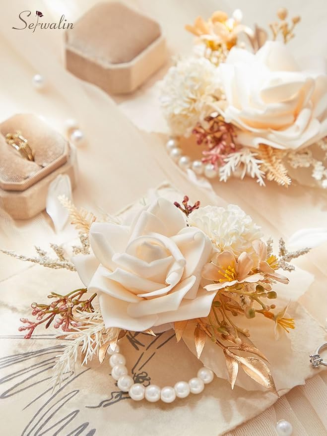 Serwalin Set of 2 Wrist Corsage for Wedding, 6-7 Inch Corsages for Bridesmaid Mother Grandmother, Artificial Flowers for Prom Ceremony Anniversary Cake Topper (Champagne)