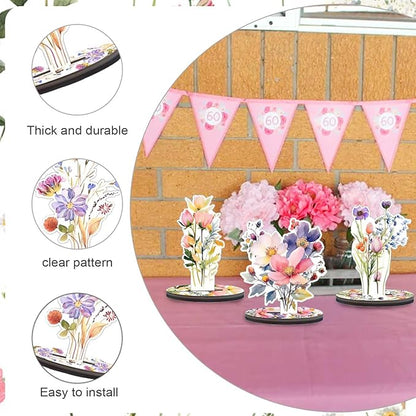 Wooden Wildflower Party Decorations - 9PCS Flower Birthday Table Sign Decor,Wildflower Party Centerpieces Table Topper,Wildflower Decor Supplies,Floral Party Wedding Decoration