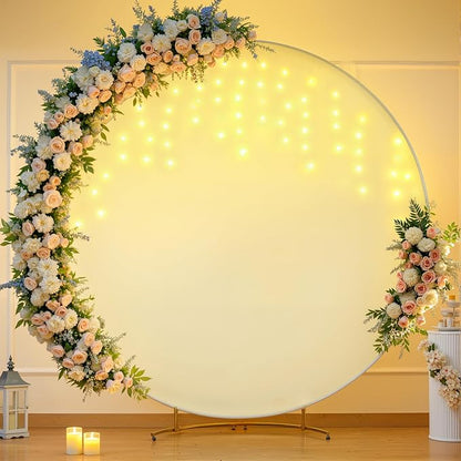 7.2 FT Beige Round Backdrop Cover with Lights String for Circle Arch Stand Circle Backdrop Covers with LED Fairy Lights for Wedding Arch Bridal Baby Shower Birthday Party Photo Photography Background