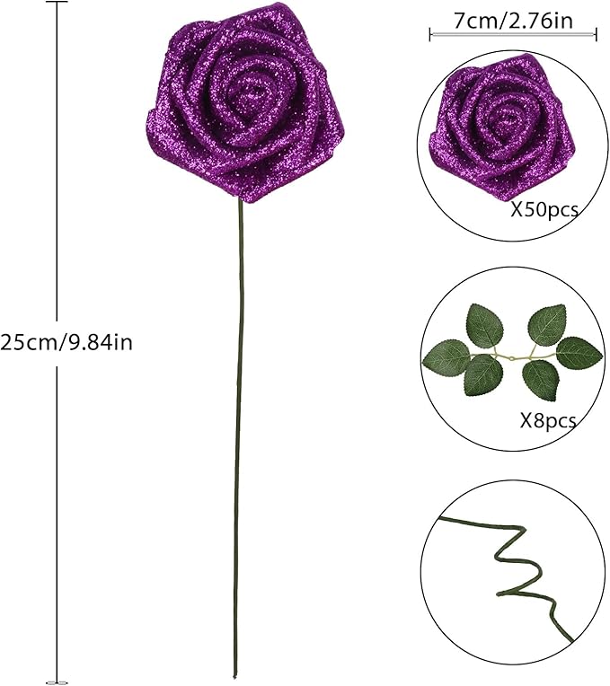 Foam Roses,50PCS Purple Glitter Roses Artificial Flowers 2.76" Fake Roses with Stem for Wedding Christmas DIY Wreath Home Table Floral Arrangement(Purple)