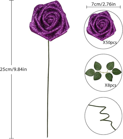 Foam Roses,50PCS Purple Glitter Roses Artificial Flowers 2.76" Fake Roses with Stem for Wedding Christmas DIY Wreath Home Table Floral Arrangement(Purple)