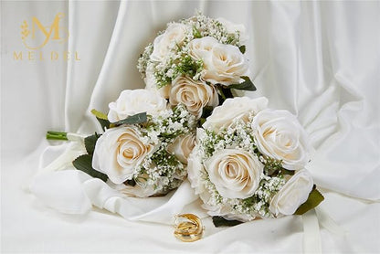 Meldel 6.5 Inch Bridesmaid Bouquet Set of 6, Ivory Wedding Bouquets for Bridesmaids, Small Bridesmaid Bouquets for Wedding, Artificial Wedding Bouquet Flower, Floral Wedding Centerpieces