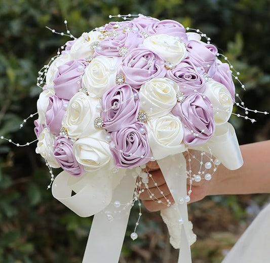 Bridal Wedding Bouquet Round Bling Brooch Bouquet Throw Toss Artificial Rose Flower Bunch for Bride Bridesmaid Wedding Quinceanera(Light Taro Purple & Ivory, 6.3")