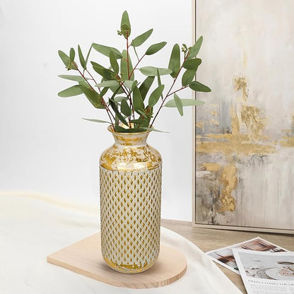 Flower Vase Rustic Metal Vases, 16" Gold Vintage Pattern Vase for Farmhouse Home Décor Artificial Flowers and Centerpieces