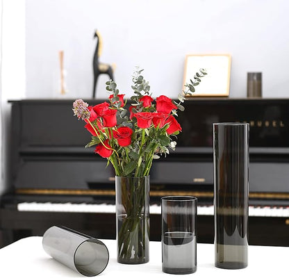 Flower Vase, Non-breakable Vases, 5" W x 14" H, Acrylic Grey Vase, Aesthetic Room Decor Cylindrical Modern Flower Vases for Table Centerpiece, Home Decor, Women Floral Arrangement Gift