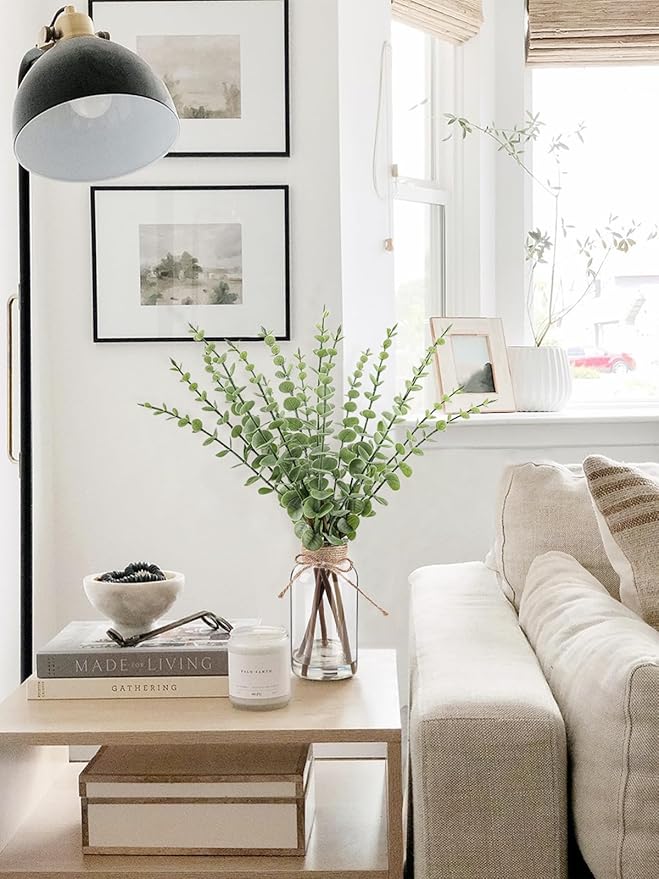 Artificial Eucalyptus Stems in Glass Vase with Faux Water，16.54" Fake Plants for Home Decor, Coffee Table Centerpieces, Office, Bathroom & Farmhouse Weddings - Faux Greenery Plants Decorations