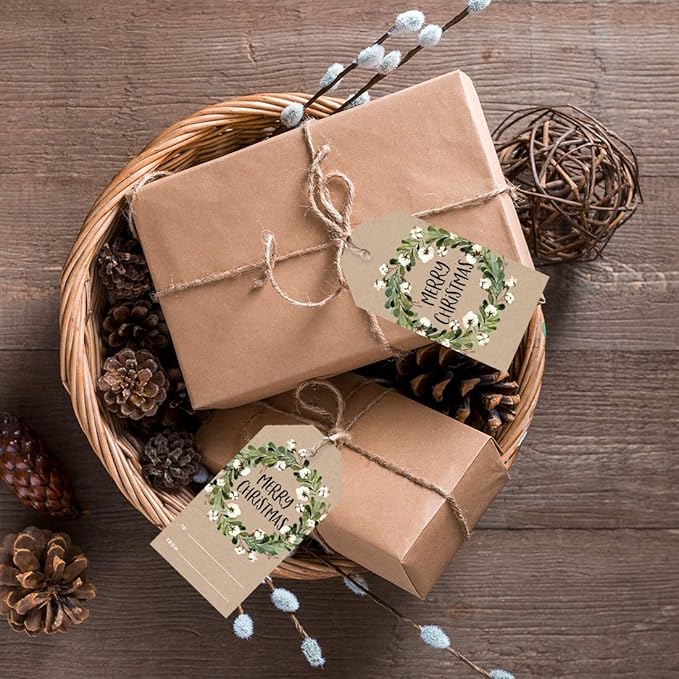 Andaz Press Christmas Holiday Season Classic Gift Tags, Merry Christmas to from Classic Favor Tags, Kraft Brown with Floral Christmas Wreath Design, for Holiday Events, Parties, and Favors, 60-Pack